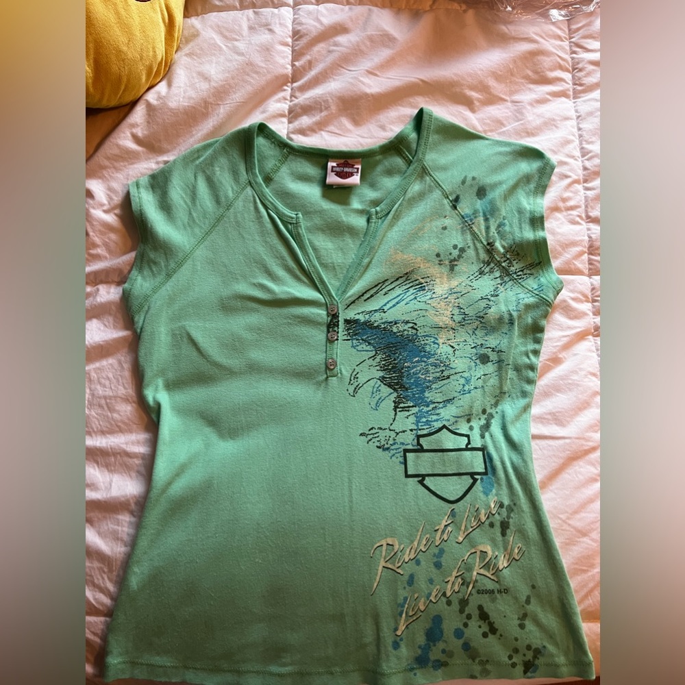 Harley Davidson short sleeve stretchy top with button detail